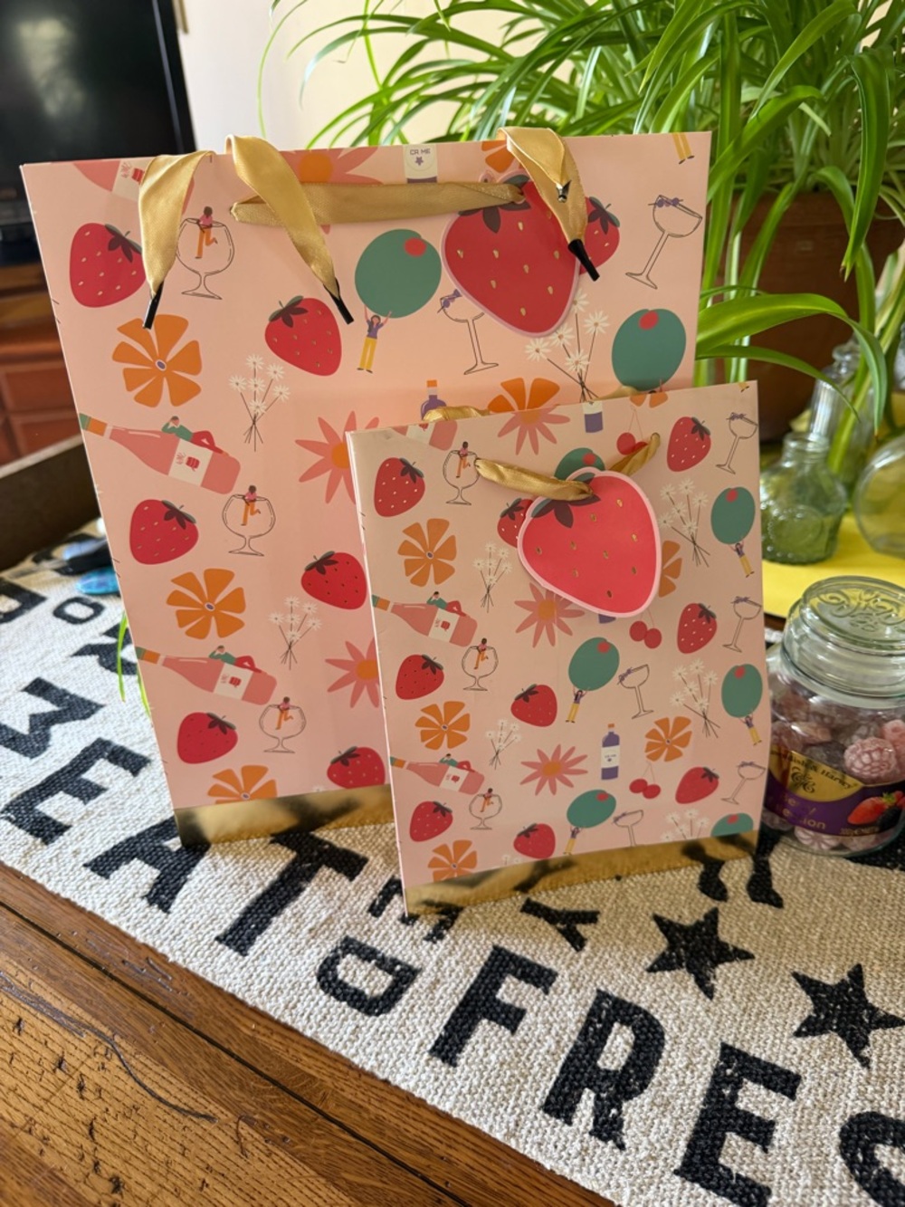 Strawberry & Floral Pink Gift Bags with Gold Handles